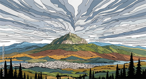 Stylized mountainous terrain with a town and lake beneath a dramatic sky