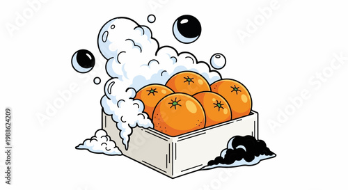 Fresh, juicy oranges are packaged in a simple box, overflowing with foamy bubbles