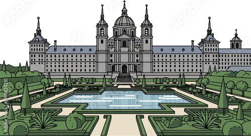 Grand edifice with formal gardens and a reflecting pool