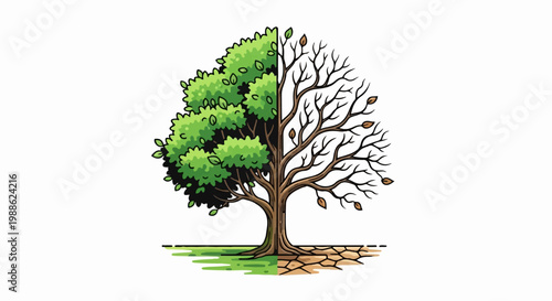 A tree split in half, showing lush green foliage on one side and bare branches with few leaves on the other