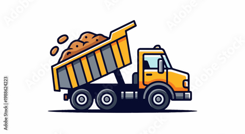 Bright yellow dump truck with gray and yellow striped bed, hauling dirt and rocks