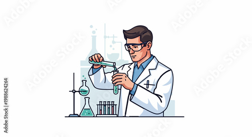 A scientist in a lab coat and goggles carefully pours liquid into a test tube