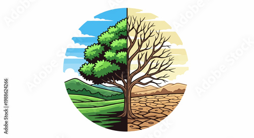 A circular image depicts a single tree split down the middle, symbolizing opposing environments and climates