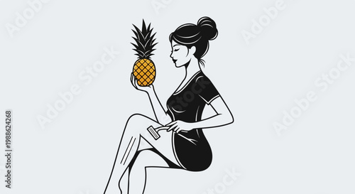 Woman with pineapple shaving leg with razor