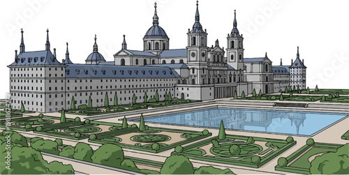 Grand architectural complex with formal gardens and a reflecting pool