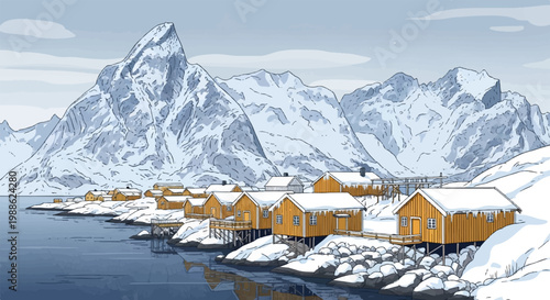 Snowy coastal village nestled beneath majestic, ice-capped peaks