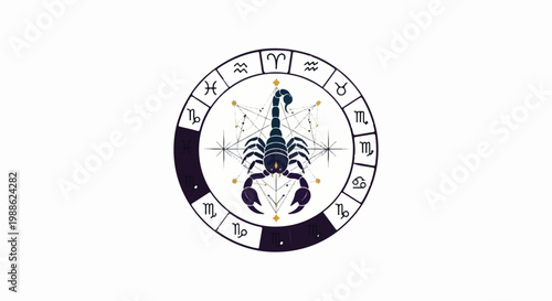 A dark blue scorpion with stylized geometric stars and astrological symbols in a circle