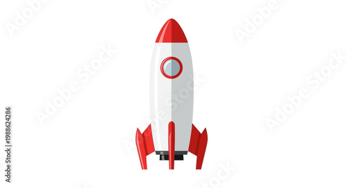 Vector illustration of a retro rocket ship with red fins and nose cone against a white background
