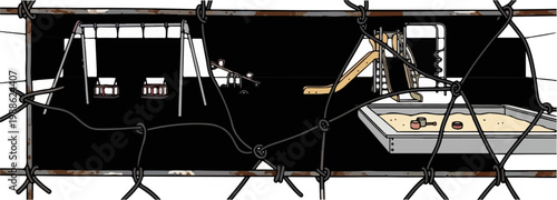 A cartoon playground with swings, slides, a seesaw, and a sandbox, enclosed by a net