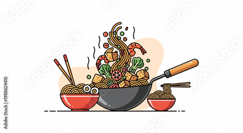 A steaming wok overflows with noodles, shrimp, broccoli, and tofu, served with bowls of noodles