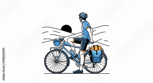 Cyclist in blue jersey with helmet and gear pauses by a bicycle with saddlebags during sunset