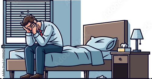 Stressed man sits on bed, holding head in hands next to blinds and nightstand