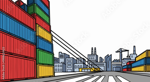 A colorful stack of shipping containers faces a factory skyline with a road in the foreground