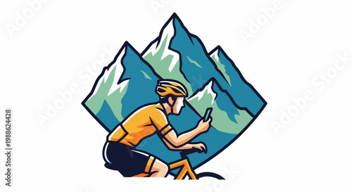Cyclist with phone in front of stylized mountains