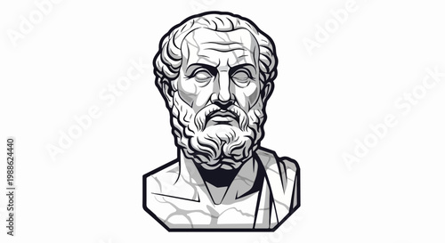 A monochrome stylized bust of a bearded man with flowing hair and robes
