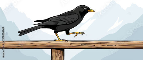 A black bird with yellow legs and beak stands on a wooden perch with a snow-capped mountain background
