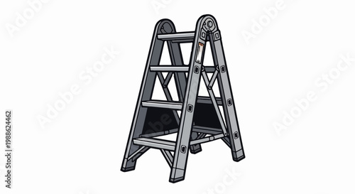 A grey, foldable step ladder with three steps and sturdy legs stands ready for use