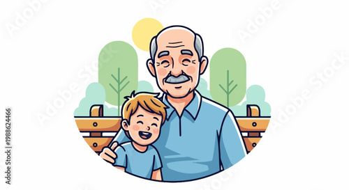 A joyful grandfather and grandson share a park moment under the sun