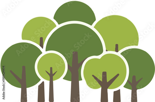 A group of stylized trees with rounded canopies in shades of green