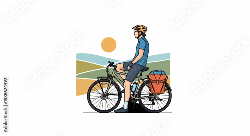 A person in cycling gear sits on a loaded bicycle with a scenic, abstract landscape behind them