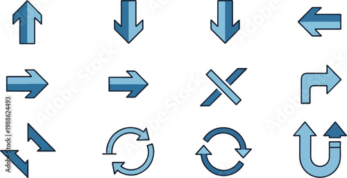 Collection of twelve blue arrows pointing in various directions, including up, down, left, right, and curved