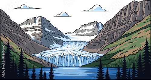 Vast glacial river flows from snow-capped mountains into a calm lake, bordered by dark evergreens and grassy slopes