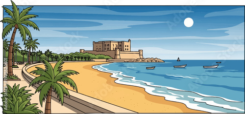 Sunny beach with palm trees, fortress, and boats on the ocean under a blue sky