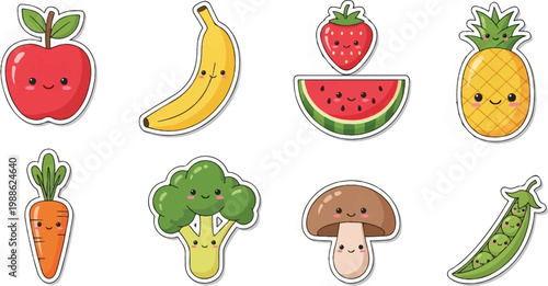 Cute cartoon fruits and vegetables with smiling faces, bright and cheerful