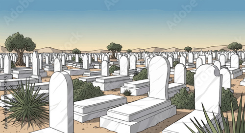 Vast, arid cemetery under a pale blue and yellow sky