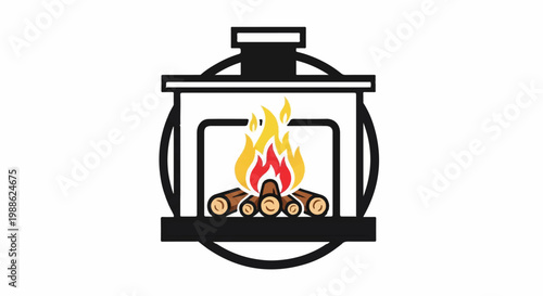 Minimalist black fireplace icon with burning logs and red and yellow flames