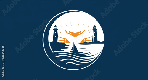 Two lighthouses flank a sun and sail, set against a dark blue background