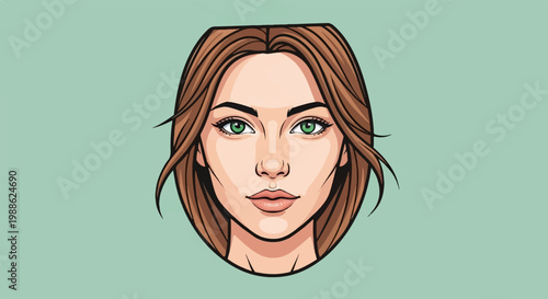 Close-up illustration of a woman's face with striking green eyes and flowing brown hair against a soft teal background
