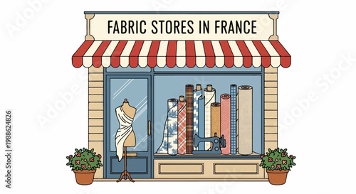 A charming illustration of a fabric store with rolls of textiles, a mannequin, and plants