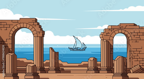 Ancient ruins overlook a calm sea with a solitary sailboat
