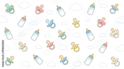 Colorful baby pacifiers and milk bottles scattered with fluffy pastel clouds on white background