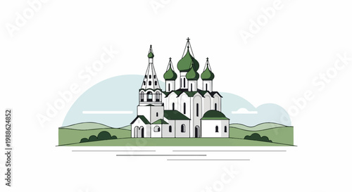 Stylized depiction of a white cathedral with green domes, set against a landscape