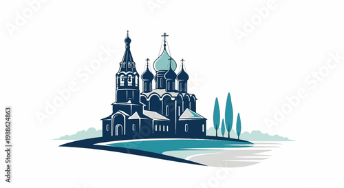 Stylized Russian Orthodox church with onion domes and a bell tower, set against clouds and trees