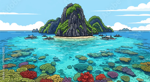 Tropical turquoise waters surround lush green islands with boats dotting the seascape