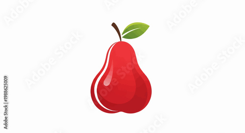 A bright red pear with a green leaf and brown stem sits isolated on a white background