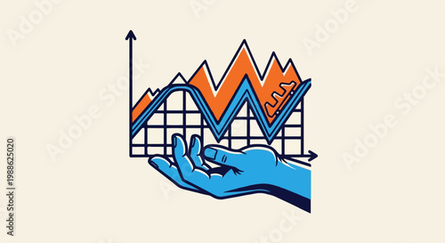 A blue hand holds up an abstract graph with orange and blue peaks against a beige background