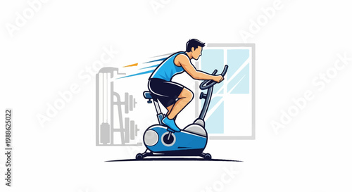 Dynamic illustration of a man cycling vigorously on an exercise bike indoors