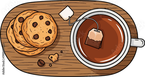 A simple illustration of chocolate chip cookies and a cup of tea on a wooden surface