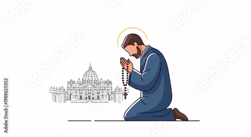 A man kneels in prayer with rosary beads, halo above, with a sketched grand building behind