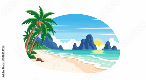 Tropical island beach with palm trees, ocean, and jagged mountains