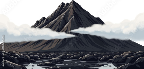 Pixel art mountain peak shrouded in mist, with rocky terrain and water