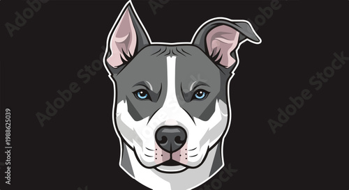 A stylized, blue-eyed dog with gray, white, and pink markings looks forward