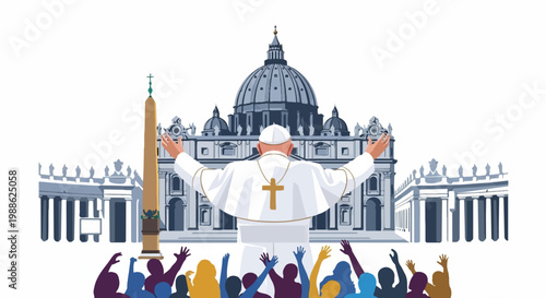 Religious leader in white vestments with arms outstretched before grand architecture and cheering crowd