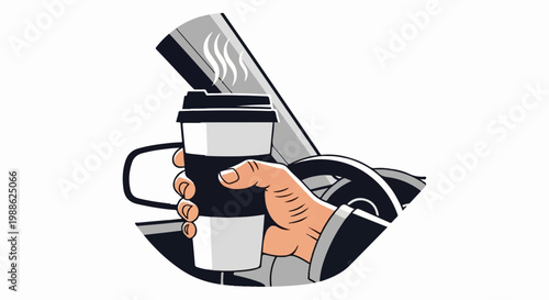 Hand holding a steaming coffee cup while driving a car