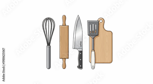 Assortment of kitchen tools including a whisk, rolling pin, chef's knife, spatula, and cutting board