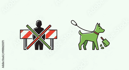 A graphic depicts a forbidden zone and a dog with a leash and scooper